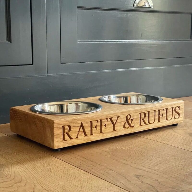 personalised-wooden-double-dog-bowl