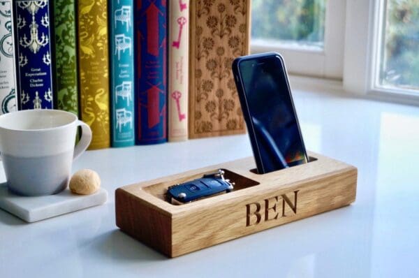 Personalised-oak-phone-organiser-tray