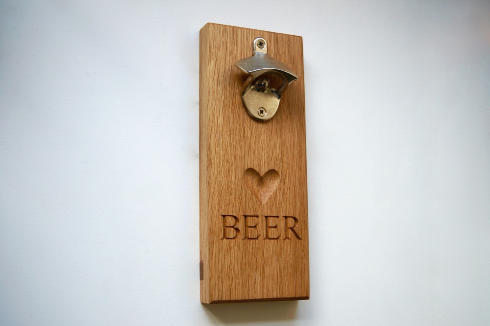 engraved oak beer bottle opener