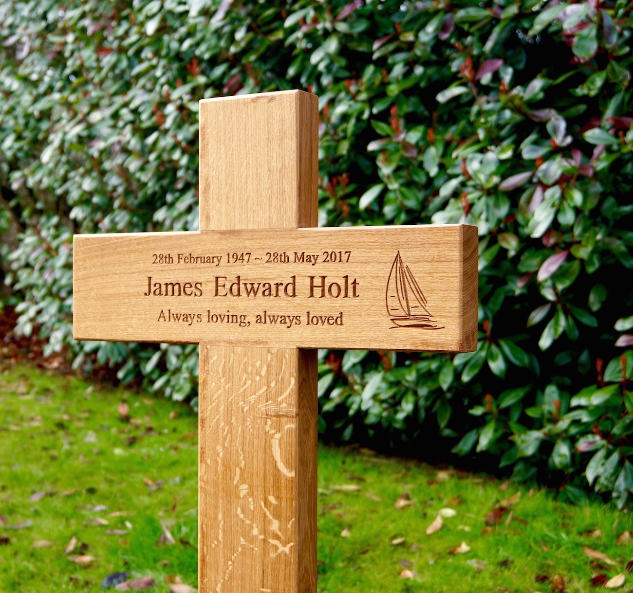 oak Wooden Memorial Cross Grave Marker 17" Free Plaque & Free Engraving 