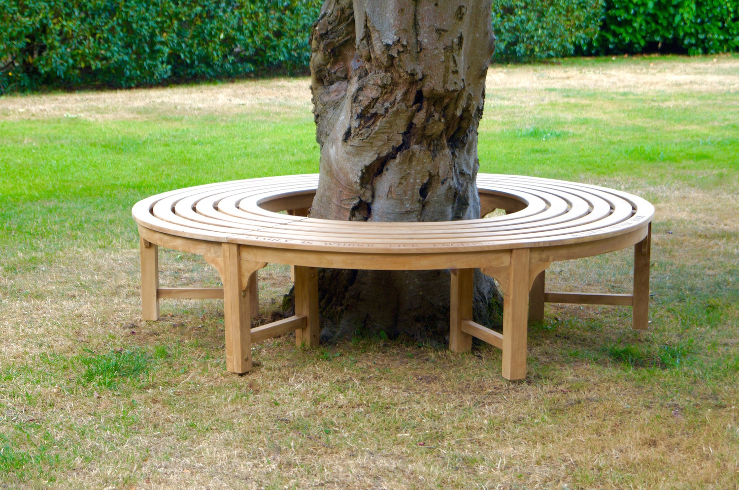 Engraved Wooden Circular Bench, Rounded Bench Seating