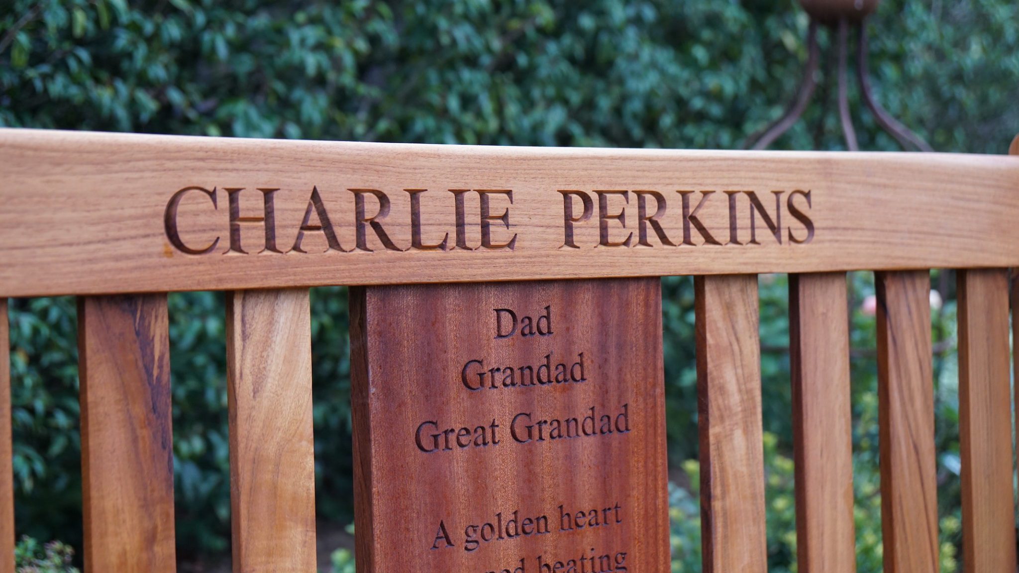 Engraved plaque for outdoor bench